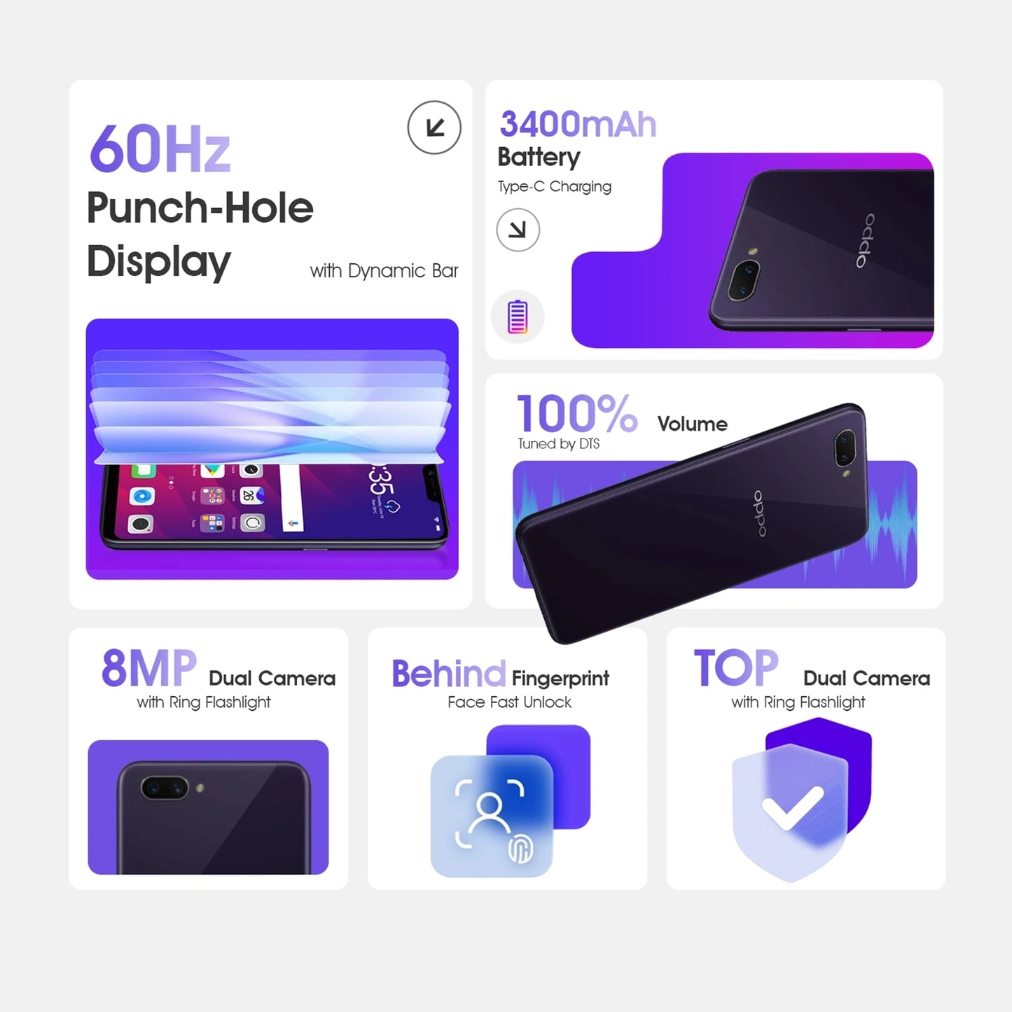 Oppo A3S Purple Smartphone Jumia Express! 4GB RAM 64GB ROM, 4230mAh Battery, Dual SIM, 6.5" HD Display, Face Unlock & Fingerprint, Fast Performance - COD