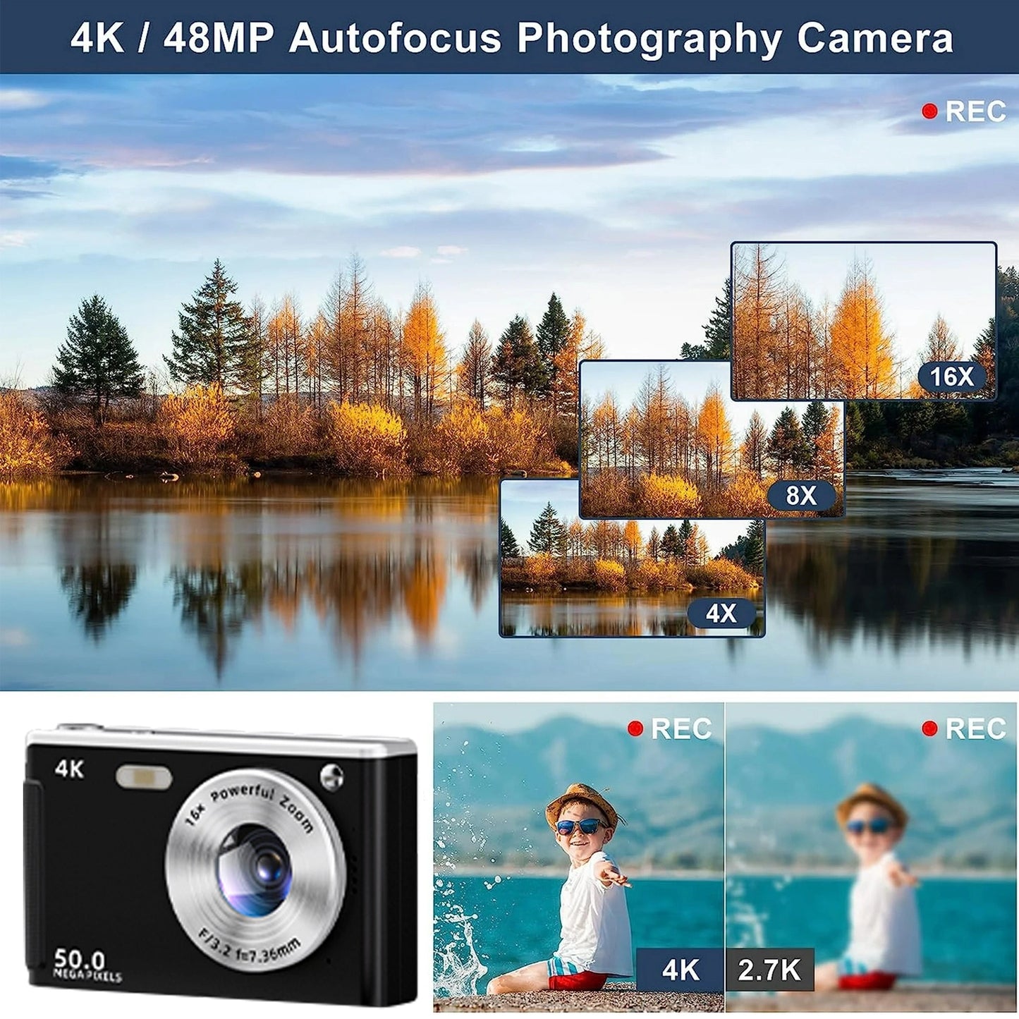 4K 50MP Digital Camera with Auto Focus and Fill Light for Portrait Landscape Photography Compact Lightweight Camera for Travel Outdoor